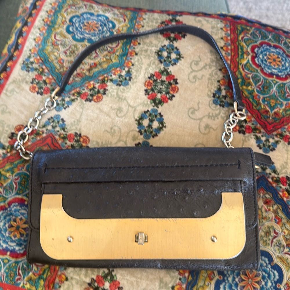 DIANE VON FURSTENBERG vintage black Harper ostrich leather over shoulder clutch